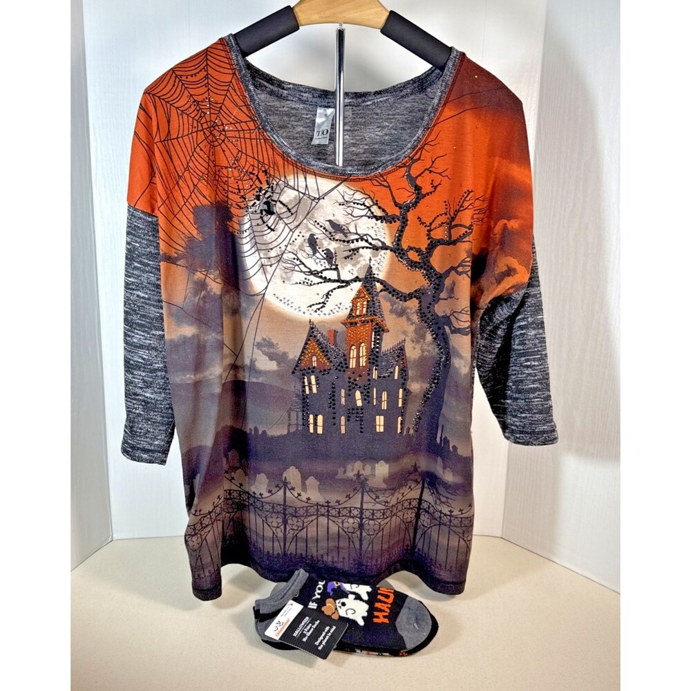 Thomas & Olivia Halloween Top Women’s XL Embellished Haunted House + 3 Pk Socks
